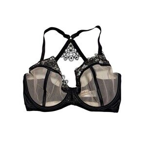 Playful Promises Sheer Lace Racer Back Bra Size 32I Black Cream